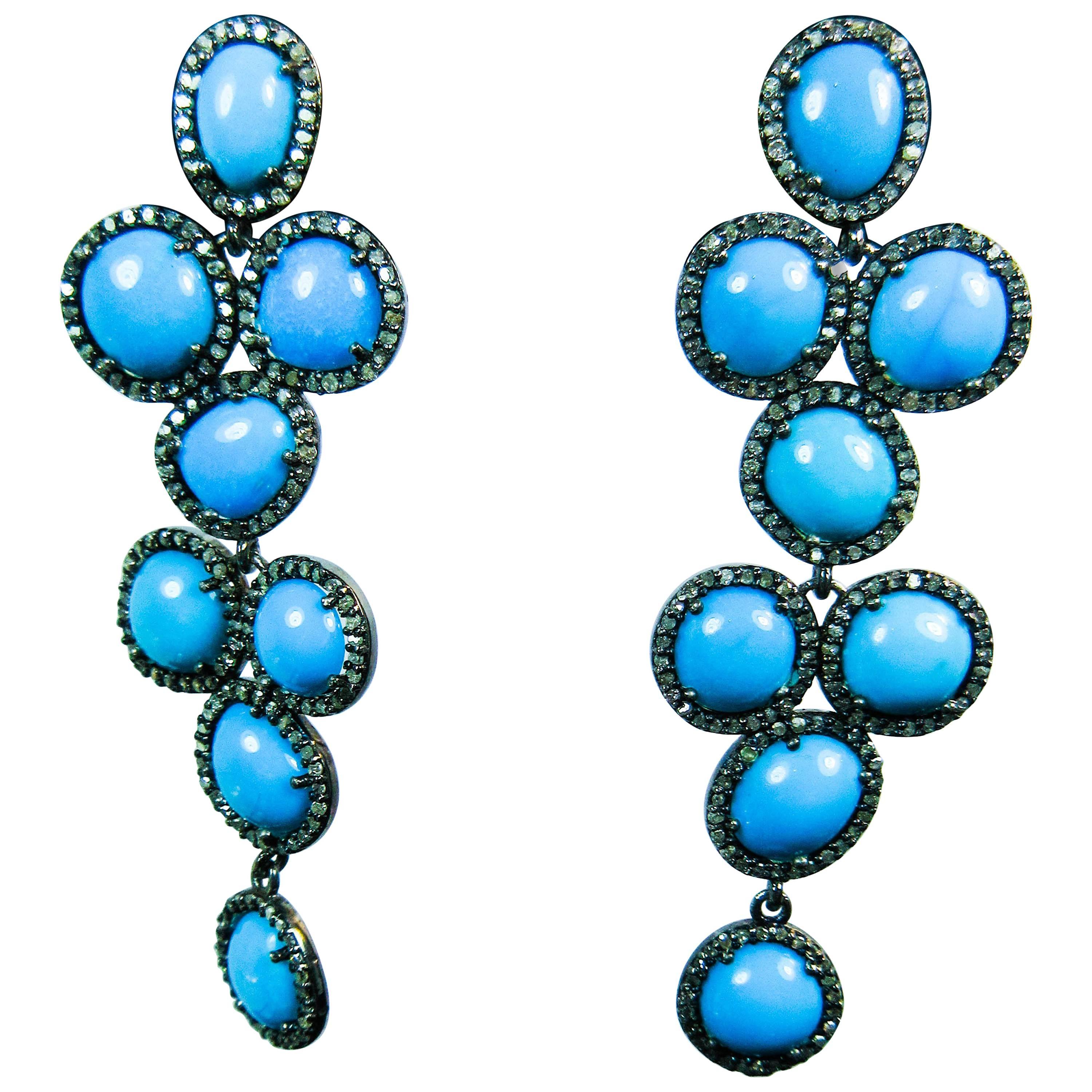 Turquoise and Silver Earrings with Pave Accents For Sale at 1stDibs
