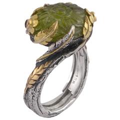 Peacock Peridot Diamond Blue Sapphire 18 Karat Gold & Silver Ring 4