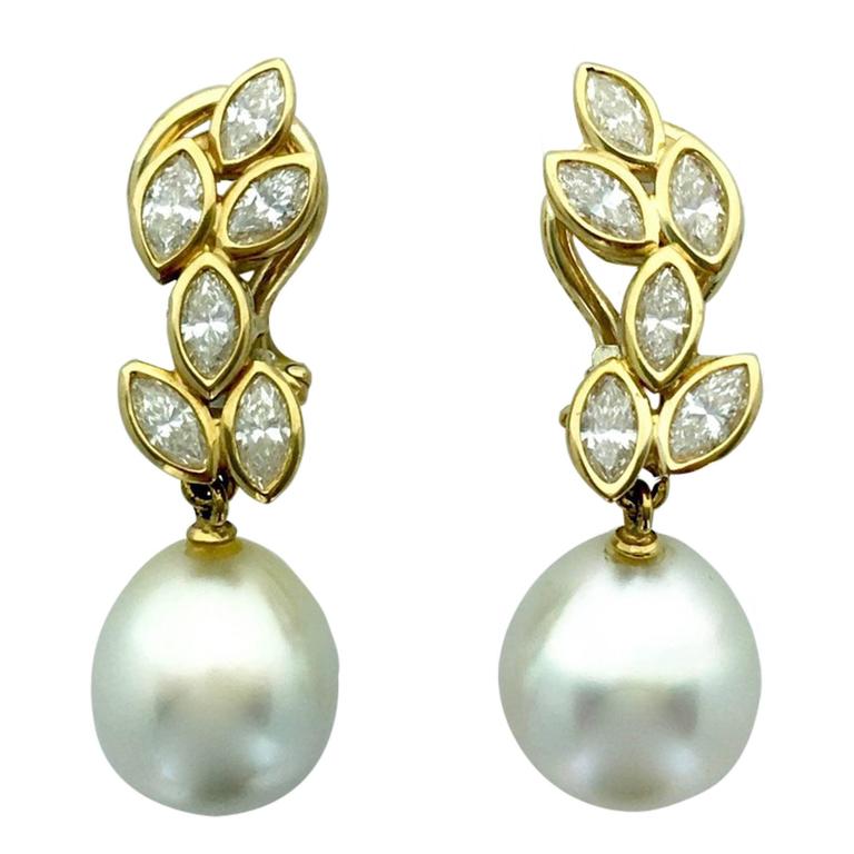Diamond Pearl Gold Earrings For Sale at 1stDibs