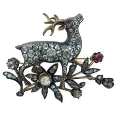 Rose-Cut Diamond Ruby Silver Gold Deer and Flower Brooch