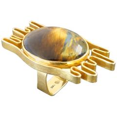 Herbert Bitter Huge Unique Modernist Tiger’s Eye Falcon Eye Sculptural Gold Ring