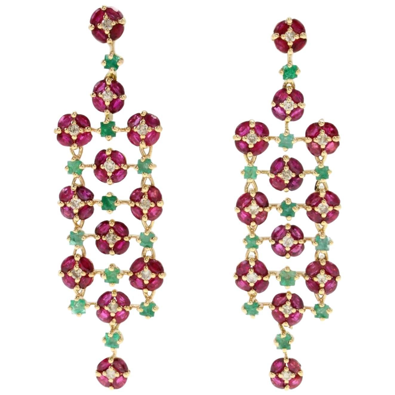 Ruby Emerald Diamond yellow gold Chandelier Earrings