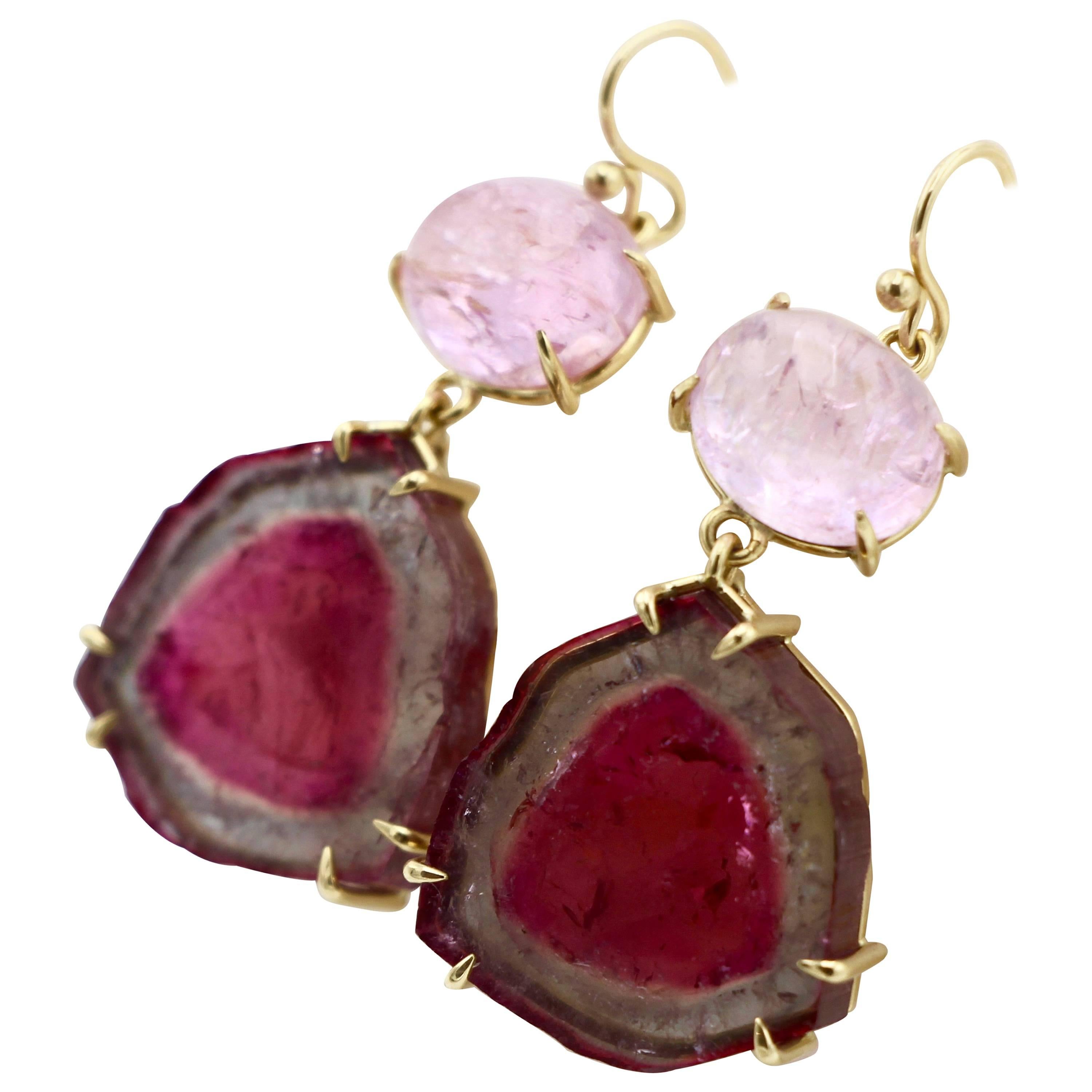 Pretty in Pink. Pink Topaz (16 Carat) enhances the deeper hue of the exquisite Watermelon Tourmaline, set in 18 Karat Gold, creating a truly unique pair of earrings.