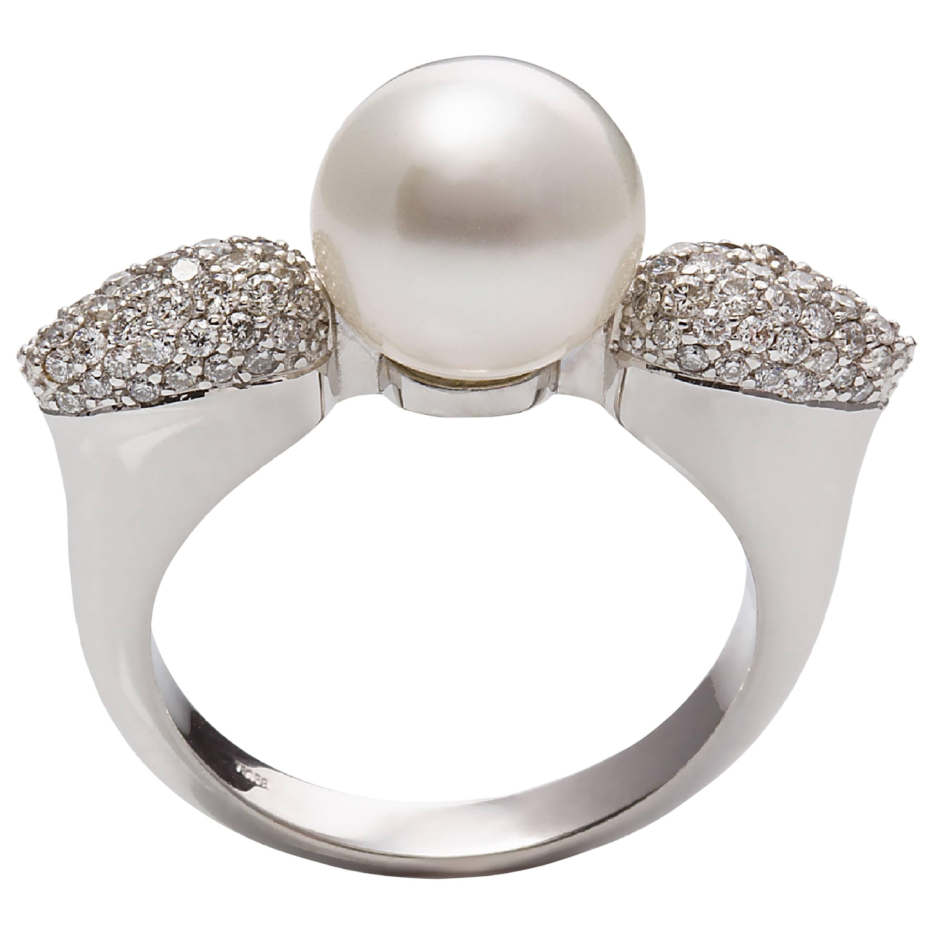 0.60 Carat Diamonds South Sea Round White Pearl Cocktail Ring For Sale