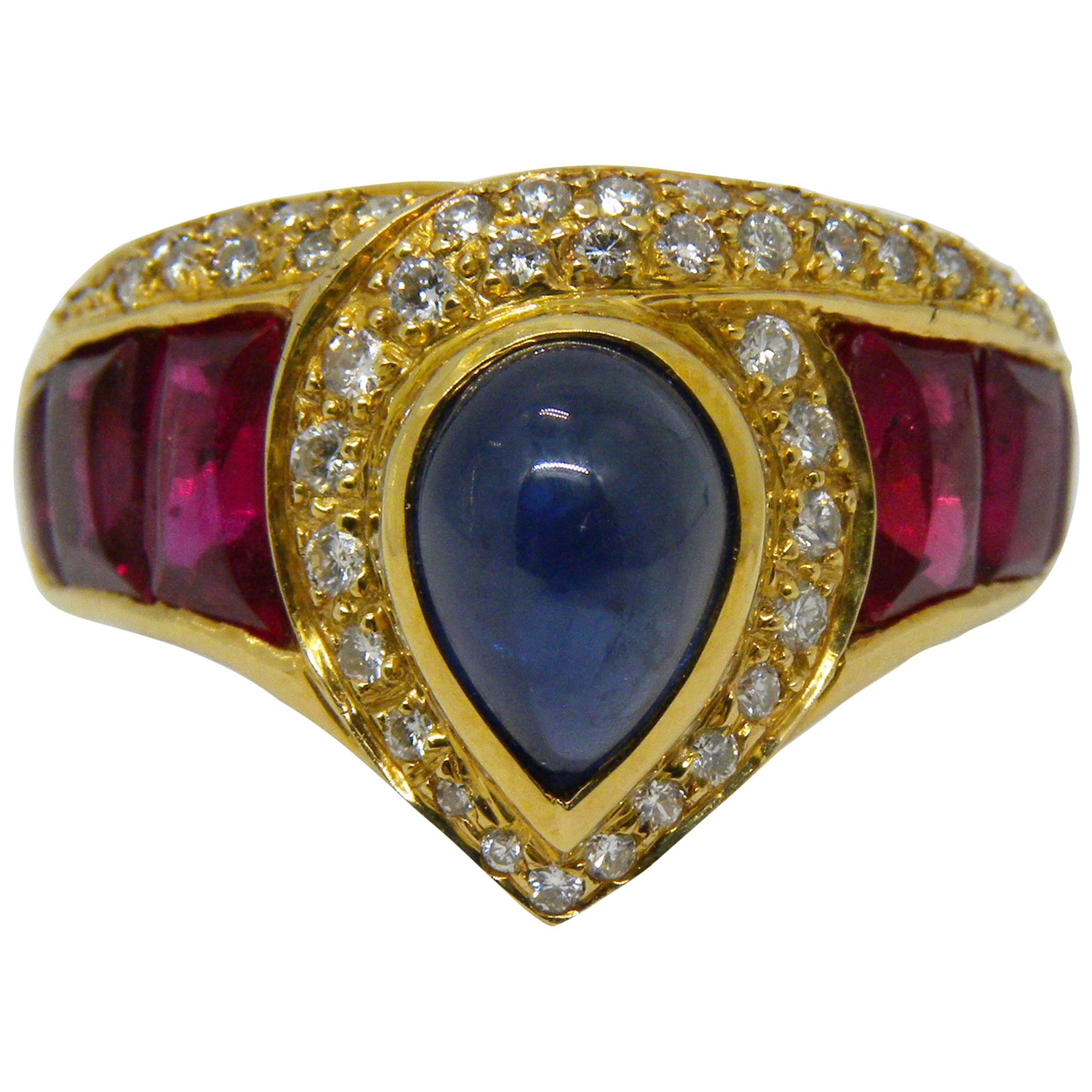 1980s Original Natural Cabochon Sapphire  Ruby White Diamond Gold Cocktail Ring