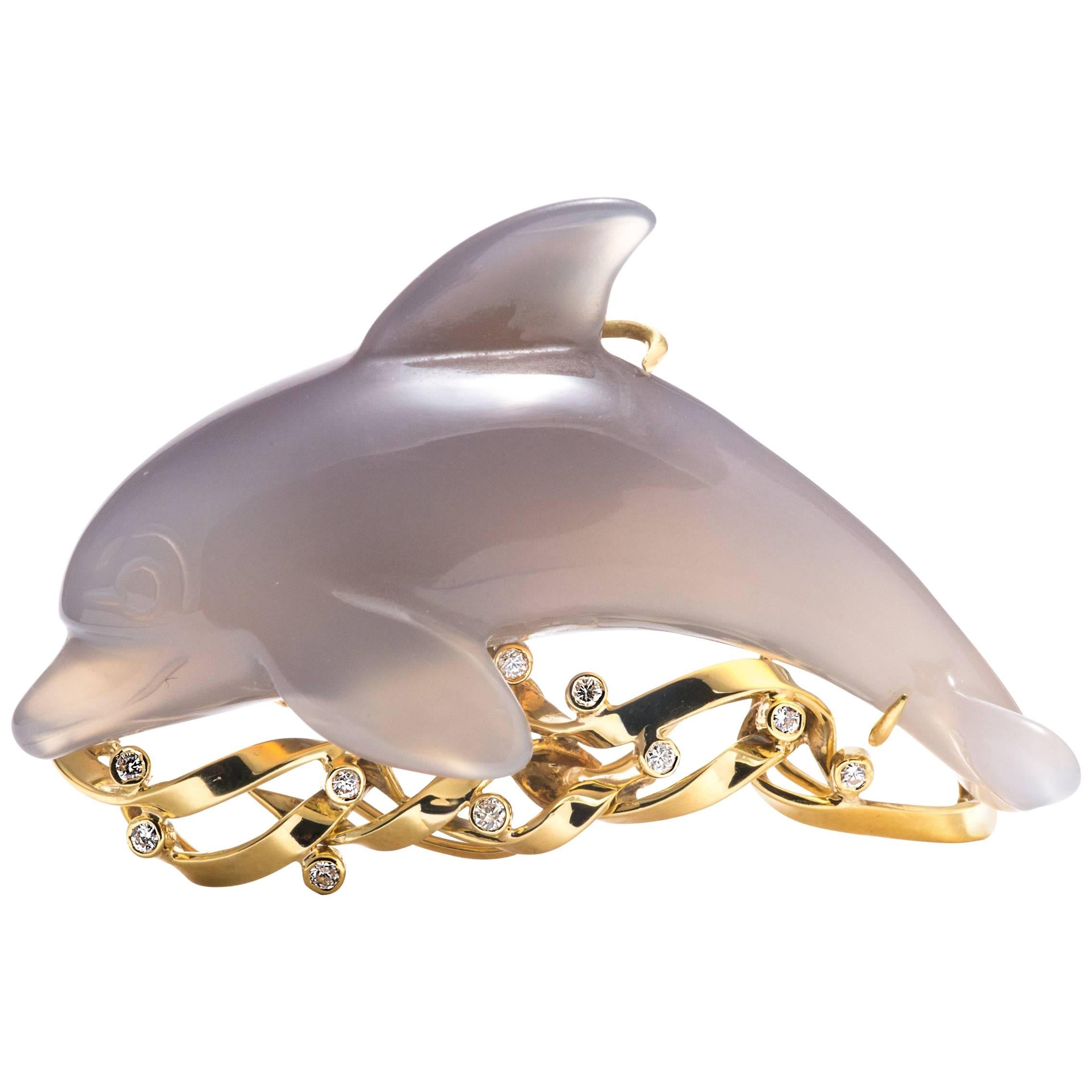 Diamond Gold Swimming Dolphin Brooch For Sale