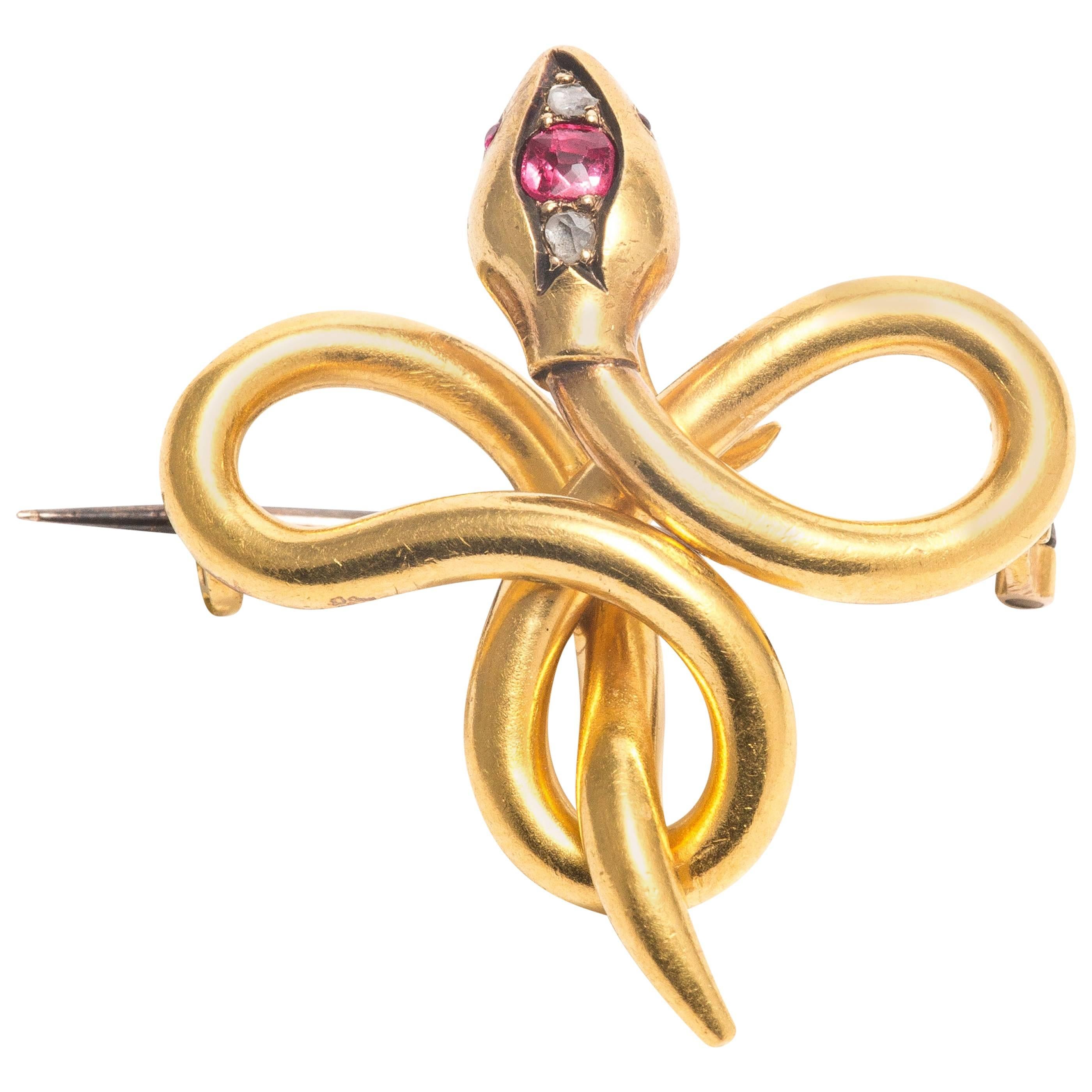 French Art Nouveau Yellow Gold Serpent Brooch For Sale