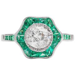Emerald Diamond Platinum Flower Engagement Ring