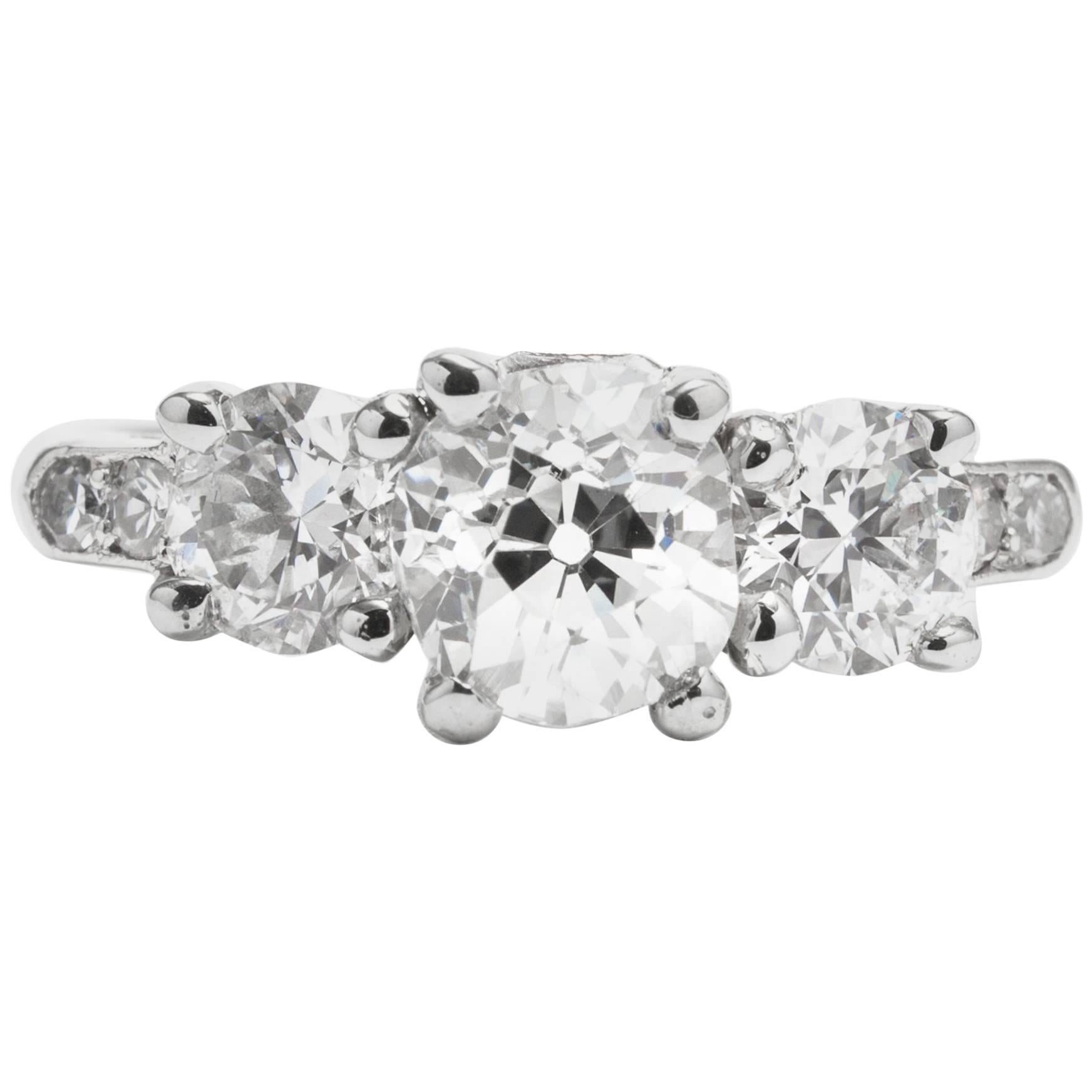 Art Deco 1 Carat European Cut Diamond Platinum Three Stone Ring For Sale