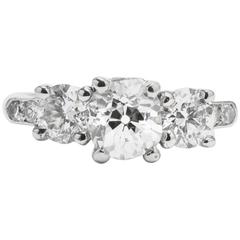 Art Deco 1 Carat European Cut Diamond Platinum Three Stone Ring