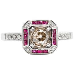 Sparkling European Cut Champagne Diamond Ruby Platinum Engagement Ring in 