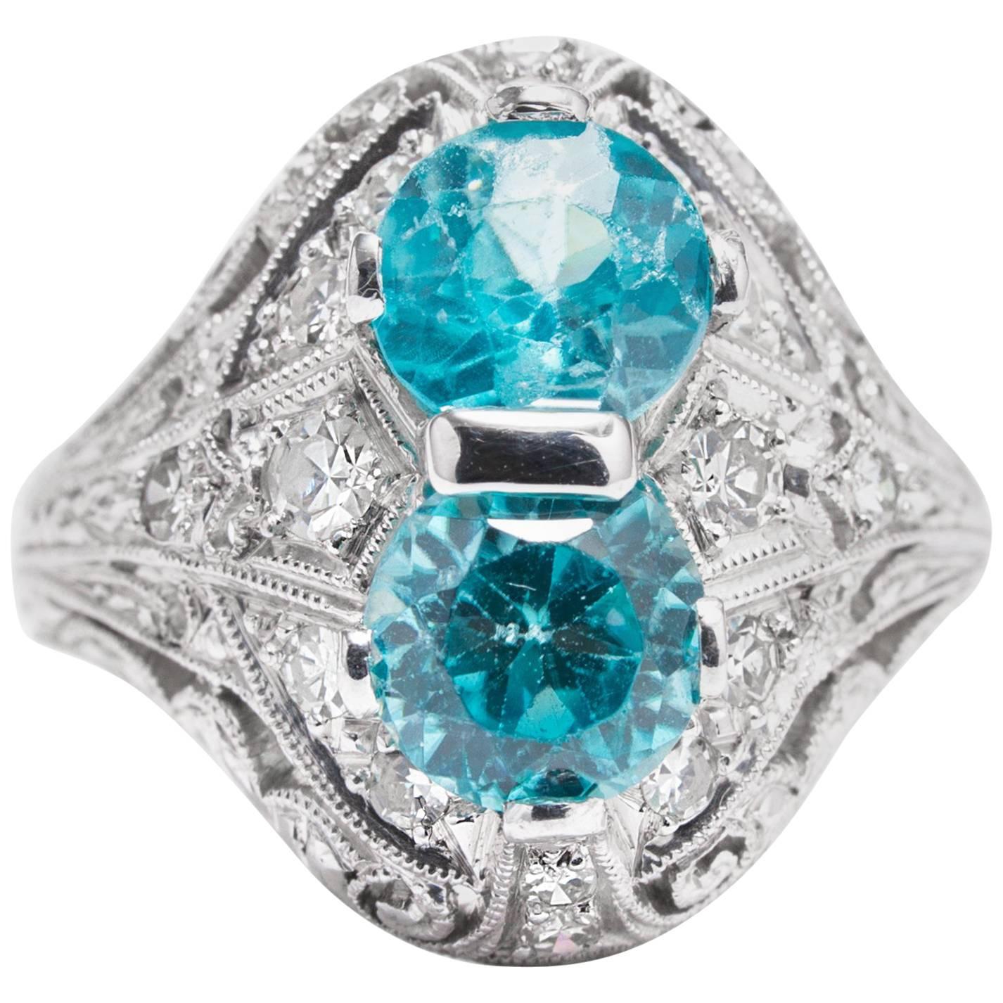 Art Deco Blue Zircon Diamond Hand Engraved Platinum Ring  For Sale