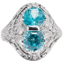 Antique Art Deco Blue Zircon Diamond Hand Engraved Platinum Ring 