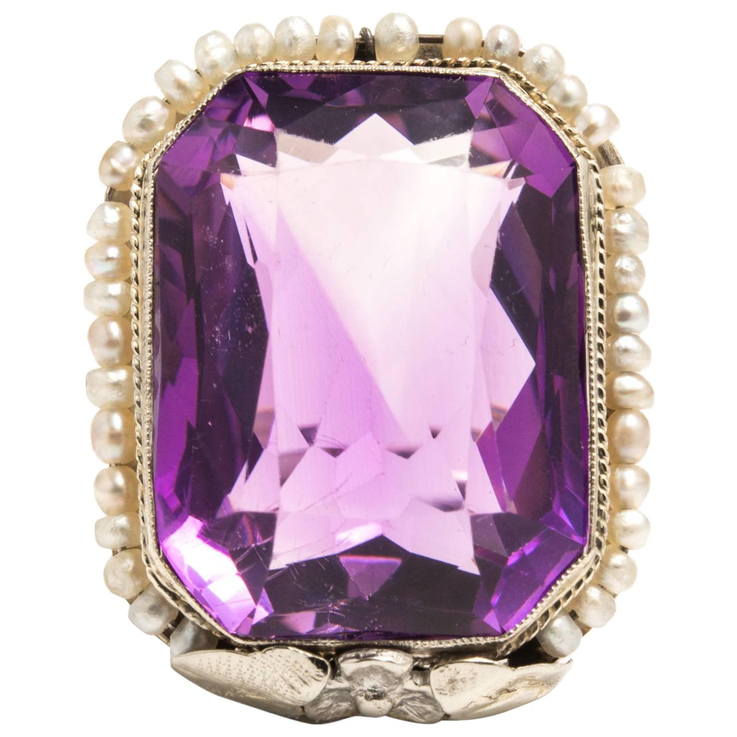 Art Deco Amethyst Pearl White Gold Filigree Ring For Sale