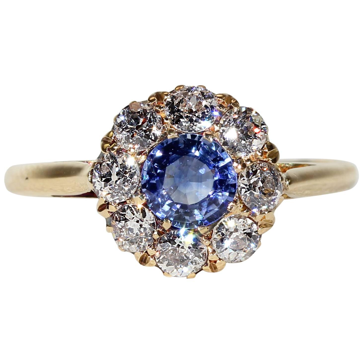 Victorian Blue Sapphire Diamond Cluster Ring