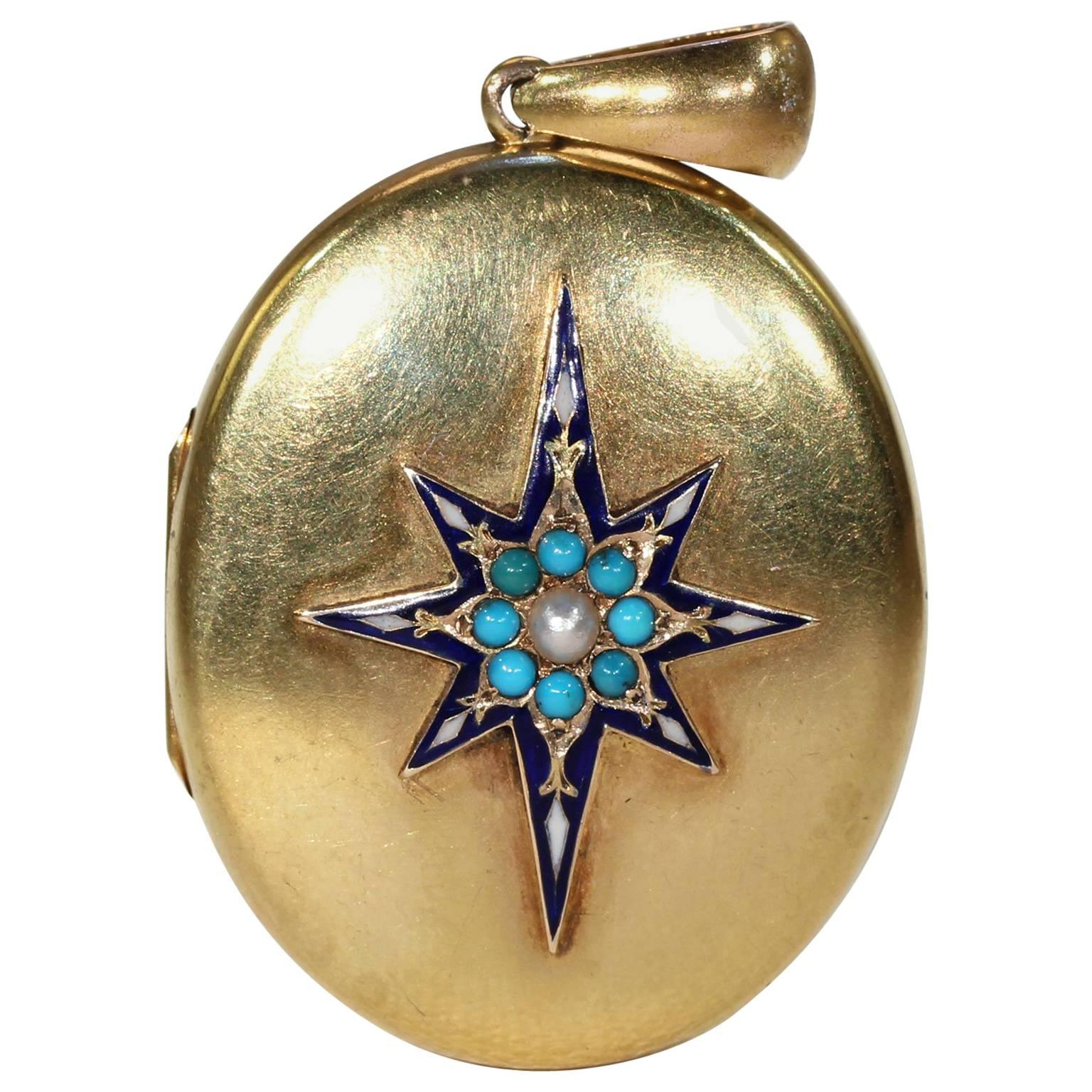 Victorian Enamel Pearl Turquoise Gold Locket