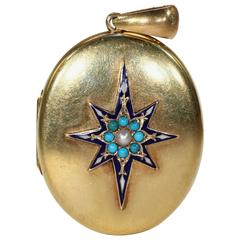 Victorian Enamel Pearl Turquoise Gold Locket 4