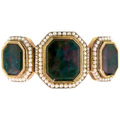 Antique Victorian Bloodstone Seed Pearl Yellow Gold Flexible Bracelet
