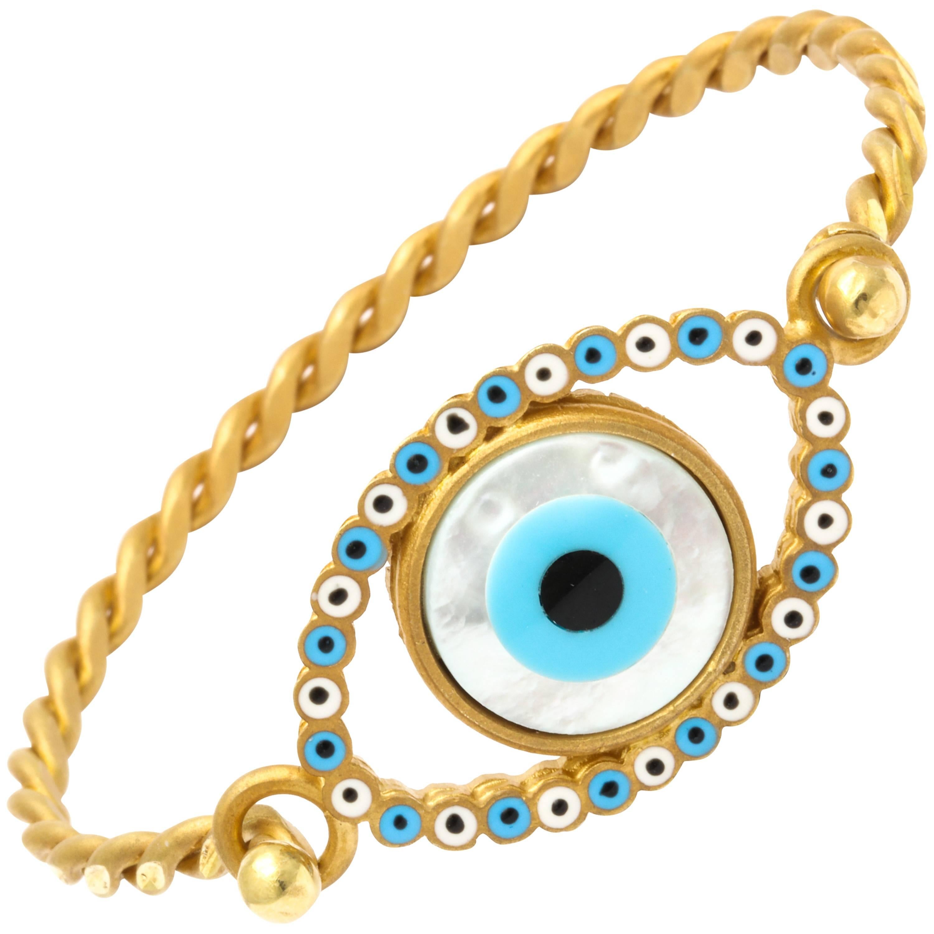 Amedeo Evil Eye Mother-of-Pearl Sterling silver Gold-Plated Bracelet For Sale