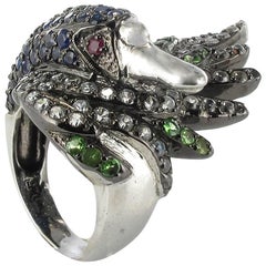 Modern Silver 5 Carat Precious Stones Swan Cocktail Ring
