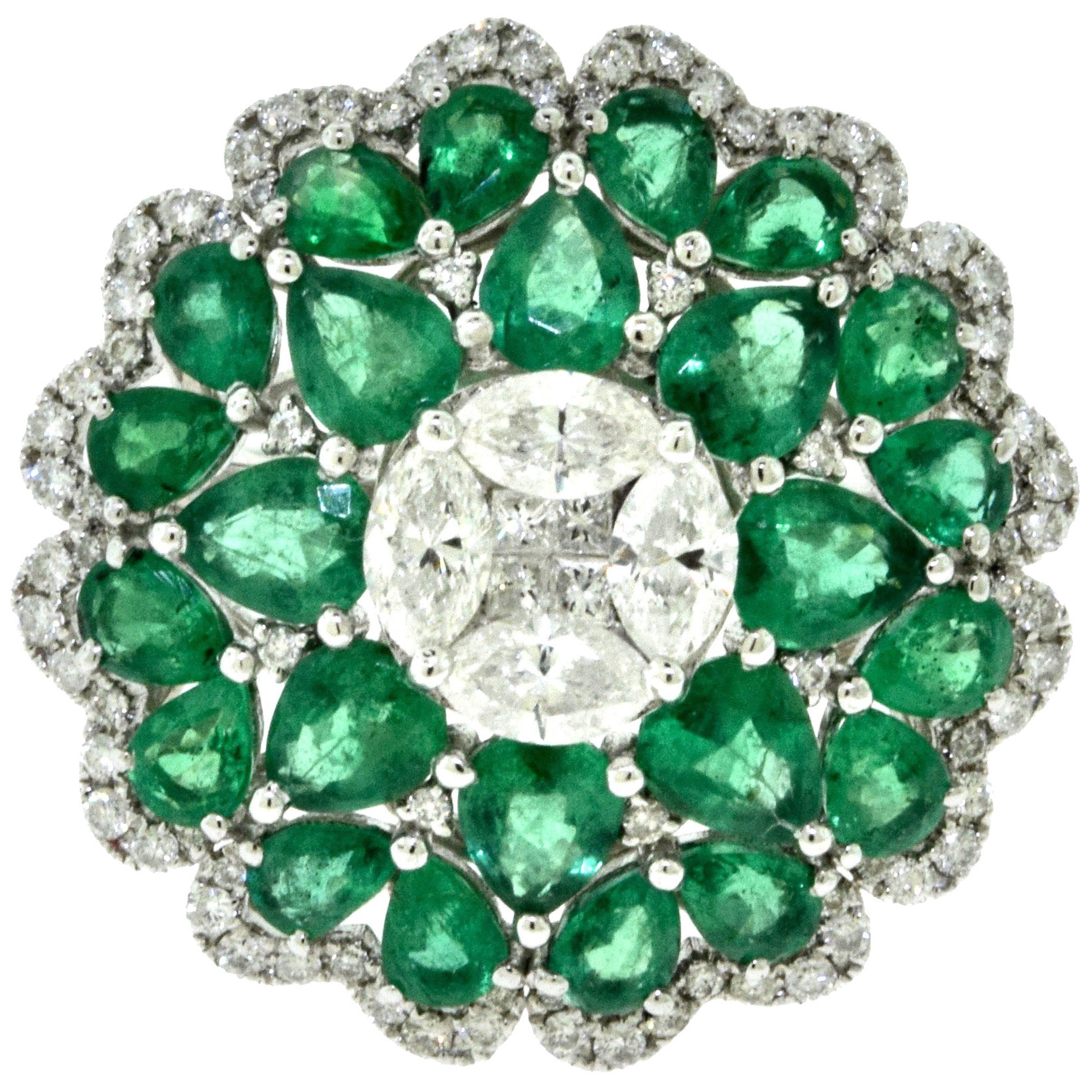 Emerald and Diamond Large Floral Cocktail Ring in 18 Karat White Gold For Sale