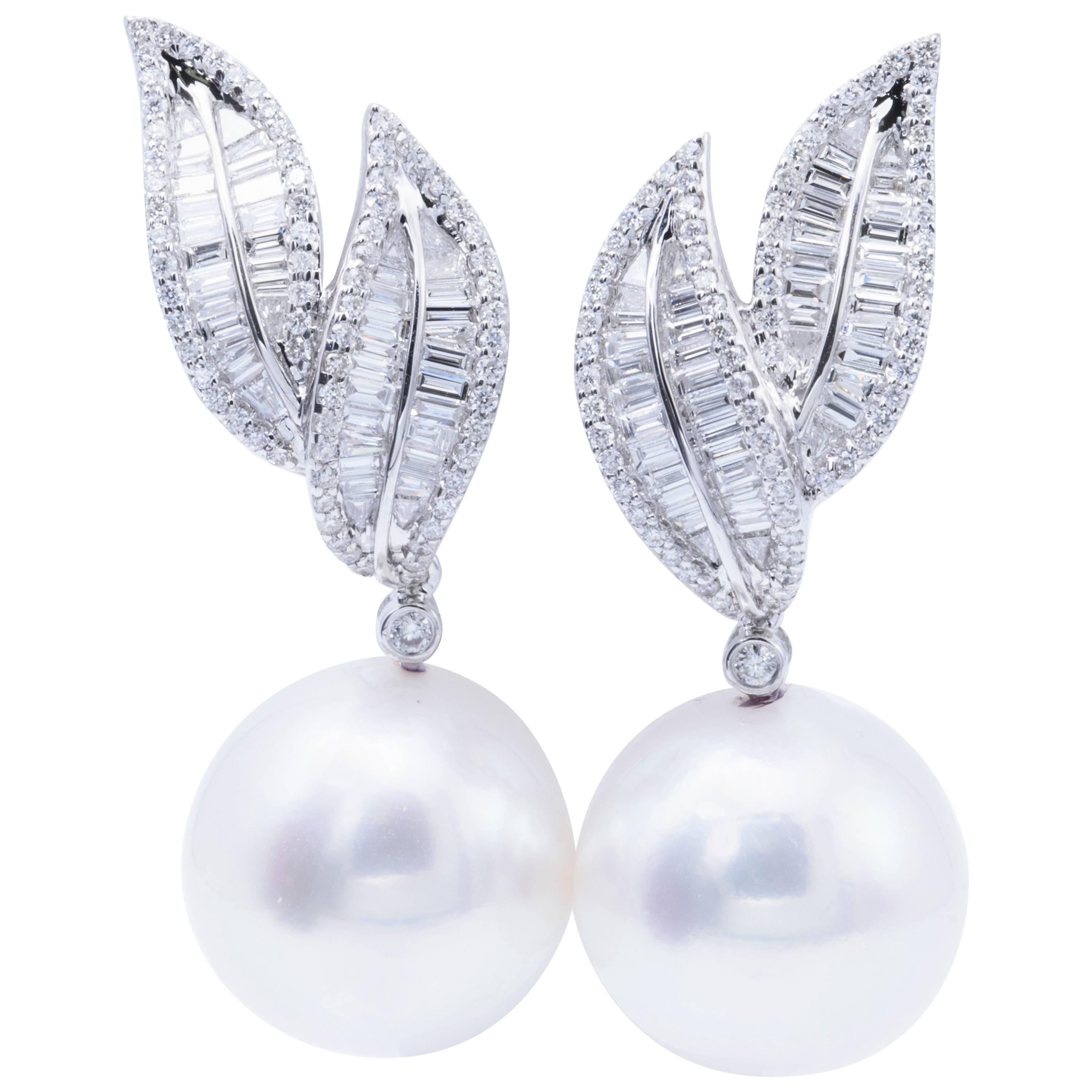 South Sea Pearl Diamond White Gold Dangle Drop Earrings
