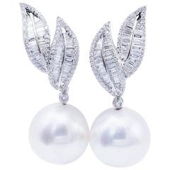 South Sea Pearl Diamond White Gold Dangle Drop Earrings