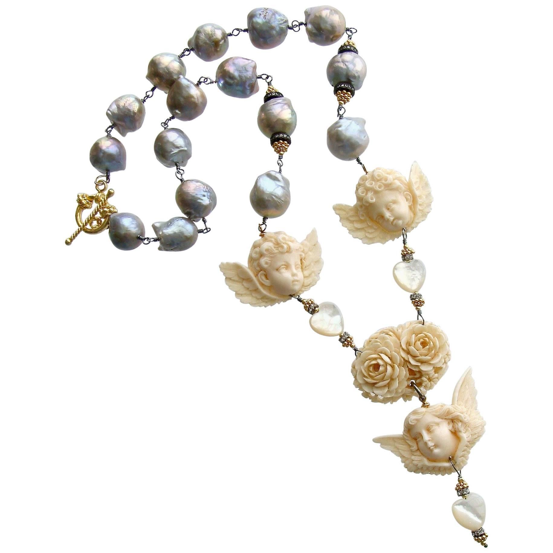 Gray Baroque Pearls EcoIvory Cherubs Necklace