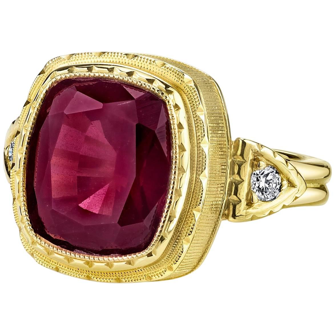 7.56 Carat Rhodolite Garnet and Diamond Band Ring in Engraved 18k Yellow Gold For Sale