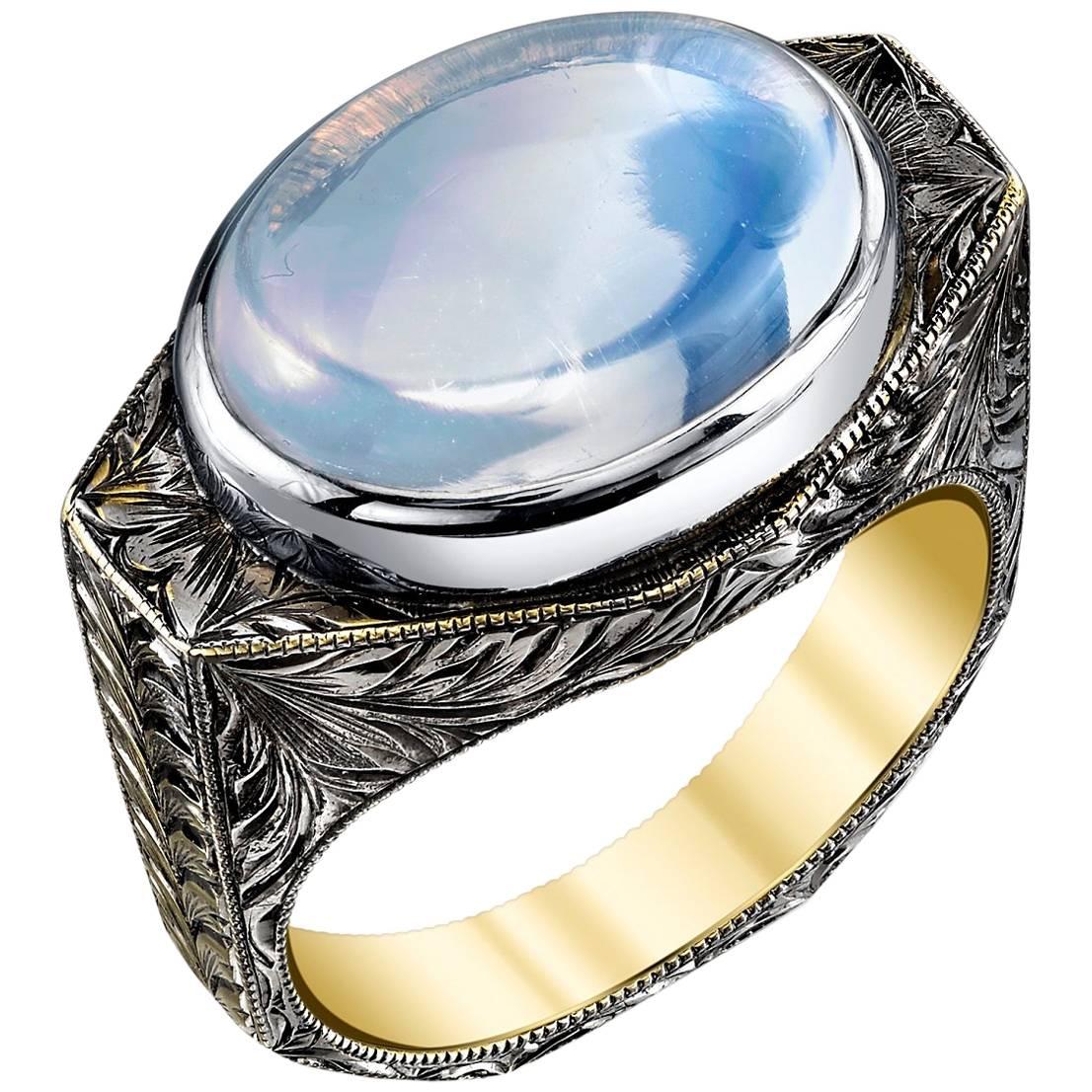 6.11 Carat Moonstone Ring in 18k Gold with Antiqued Black Rhodium Finish For Sale
