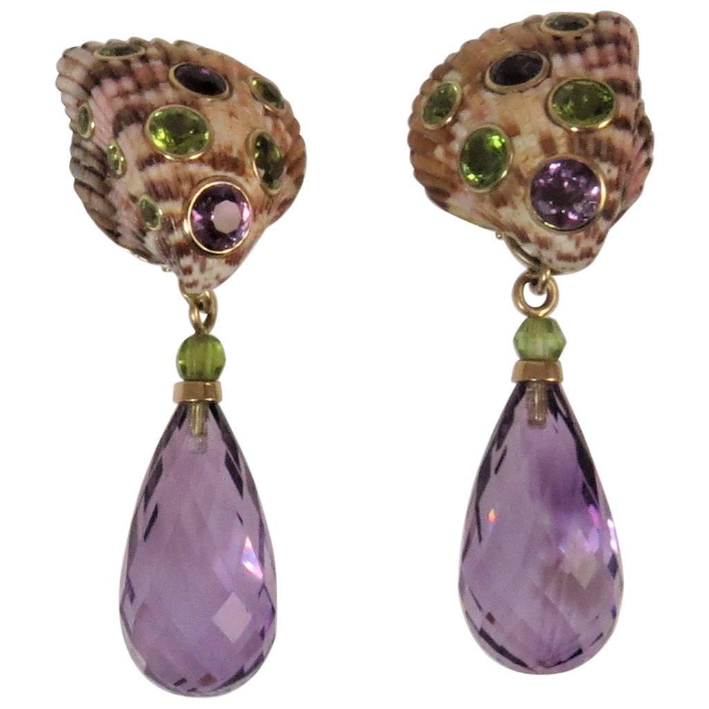 Shell Earrings Bezel Set with Amethyst and Peridot with Detachable Faceted Drops