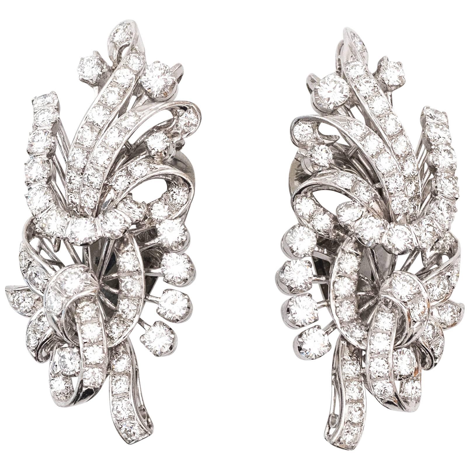 1950s Retro Diamond Platinum Drop Earrings