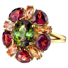 Green Tourmaline, Garnet and Precious Topaz Cocktail Ring in 18k Yellow Gold