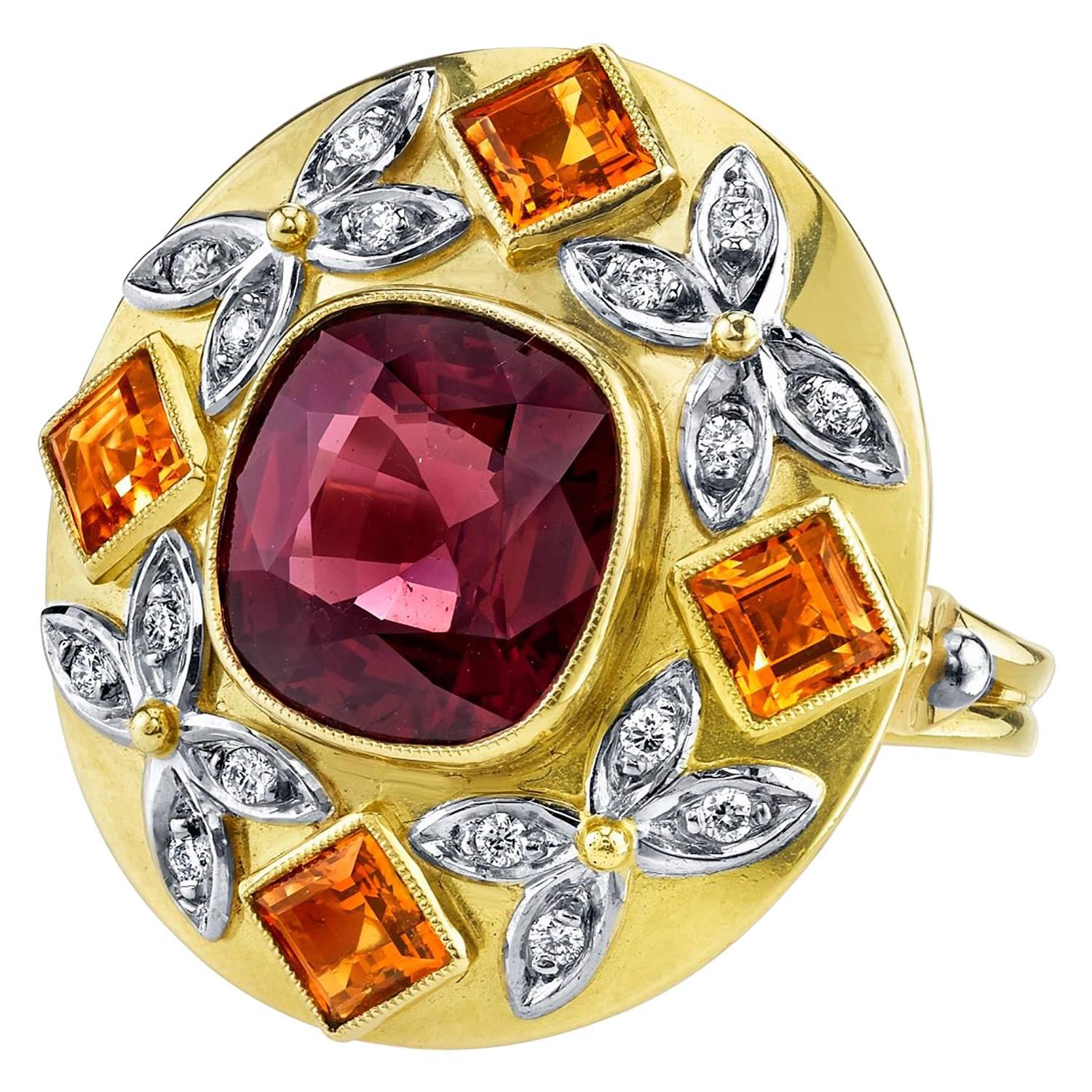 5.23 Carat Red Spinel, Citrine and Diamond Cocktail Ring in Tri-colored Gold For Sale