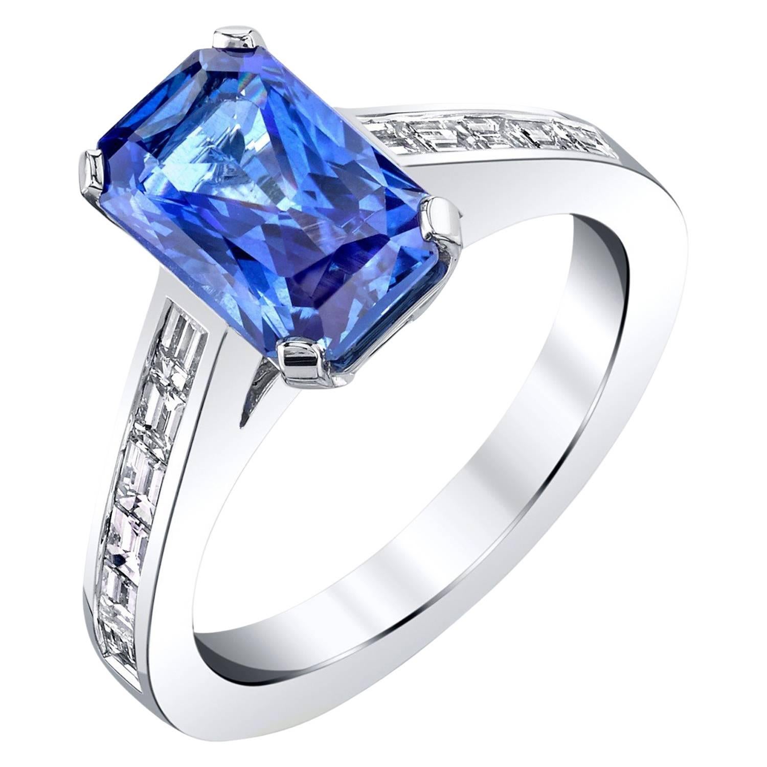 3.44 Carat Cornflower Blue Sapphire and Diamond Ring 18k White Gold