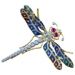 Diamond Ruby Plique-a-Jour Enamel Gold Dragonfly Brooch