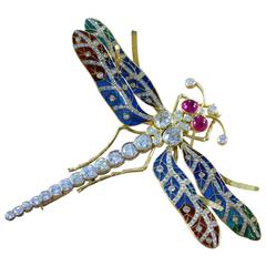 Plique-a-Jour Enamel Ruby Diamond Gold Dragonfly Brooch 2