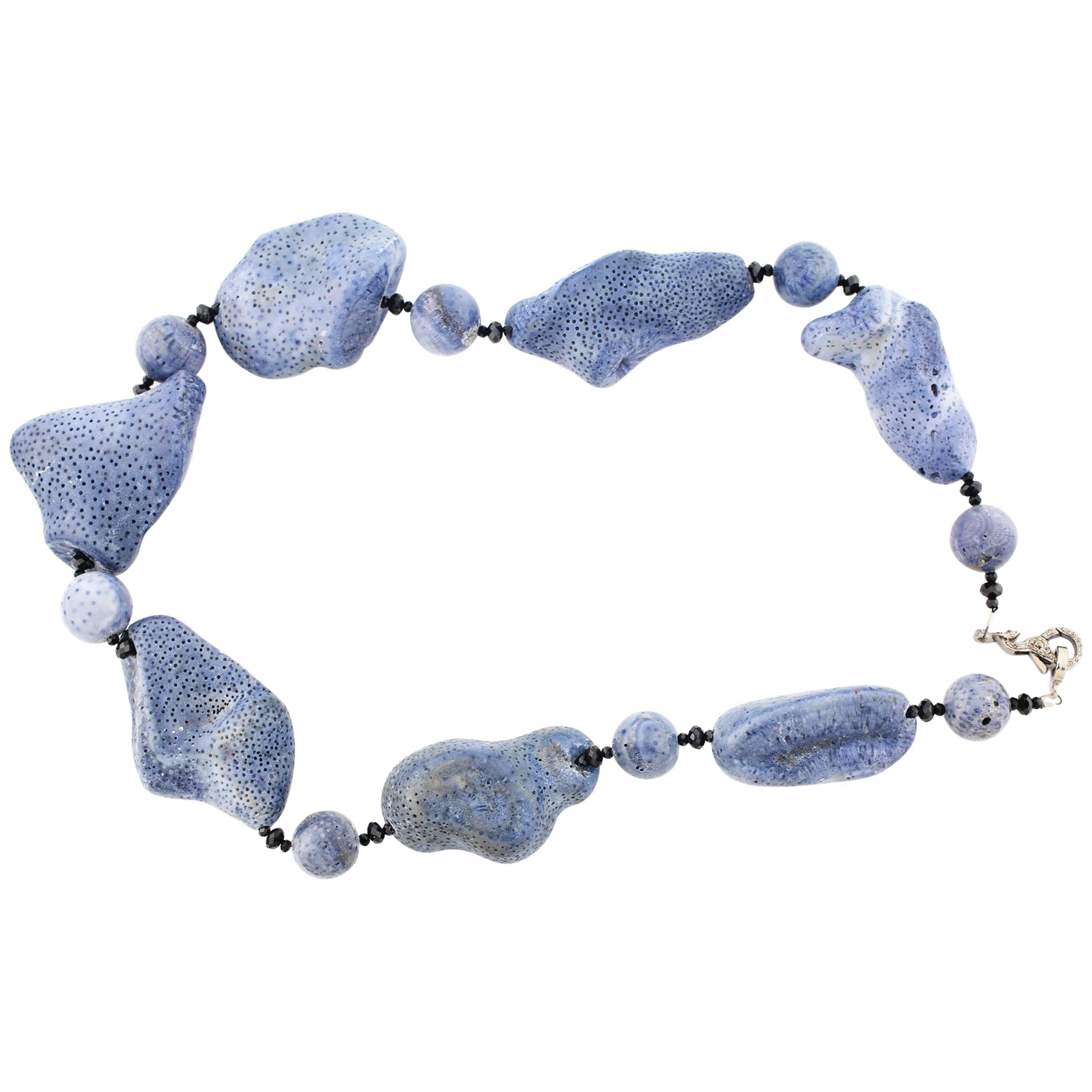 Natural Blue Coral black Spinel Diamonds Sterling Silver Necklace