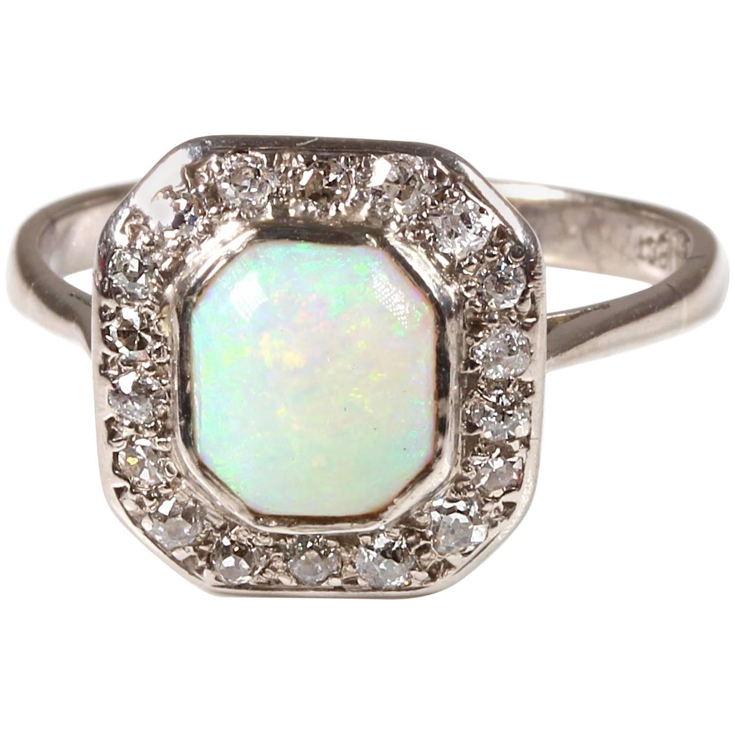 18 Carat White Gold Art Deco Opal Diamond Halo Dress Ring For Sale