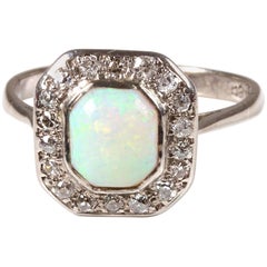 18 Carat White Gold Art Deco Opal Diamond Halo Dress Ring