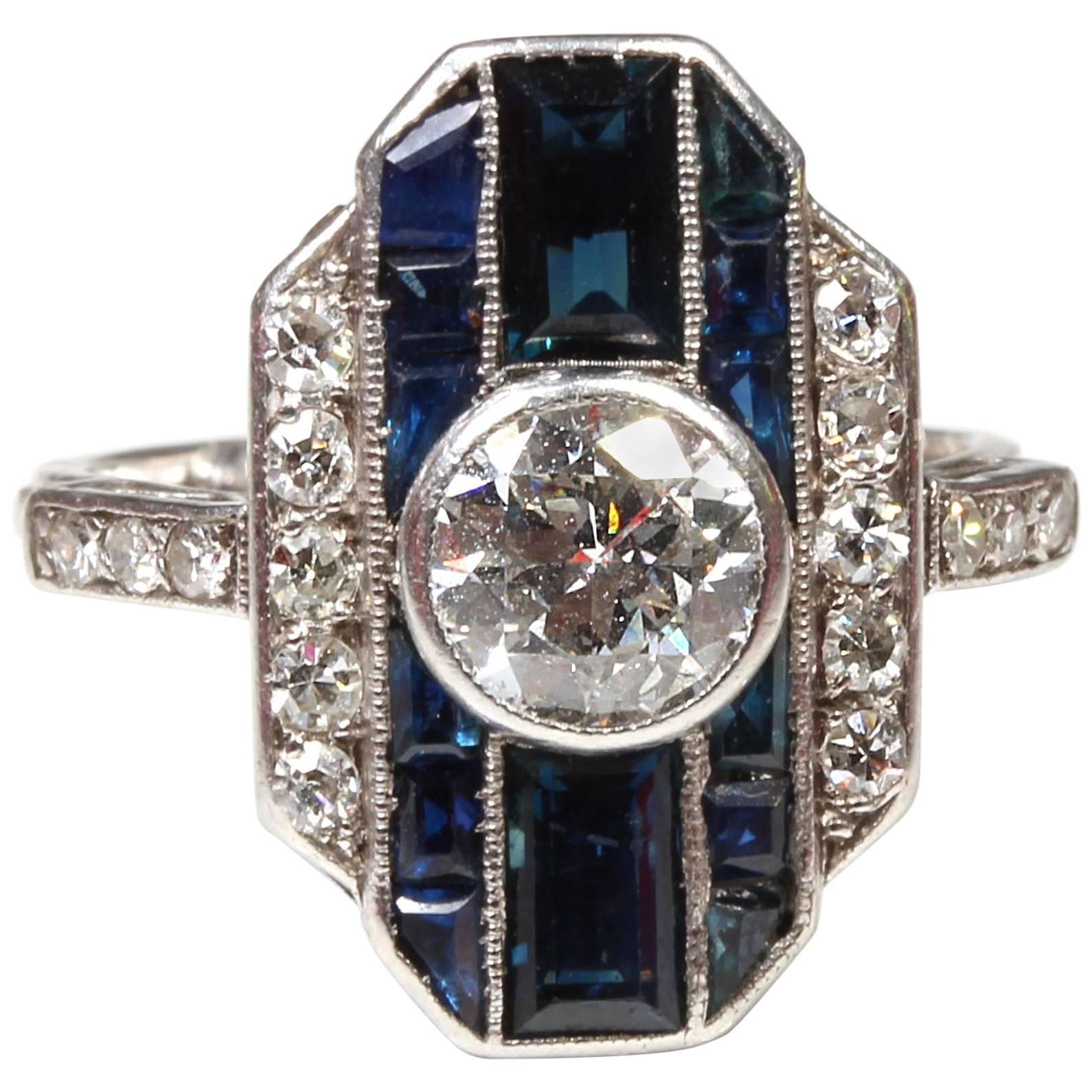 Original Art Deco Platinum Sapphire Diamond Dress Ring For Sale