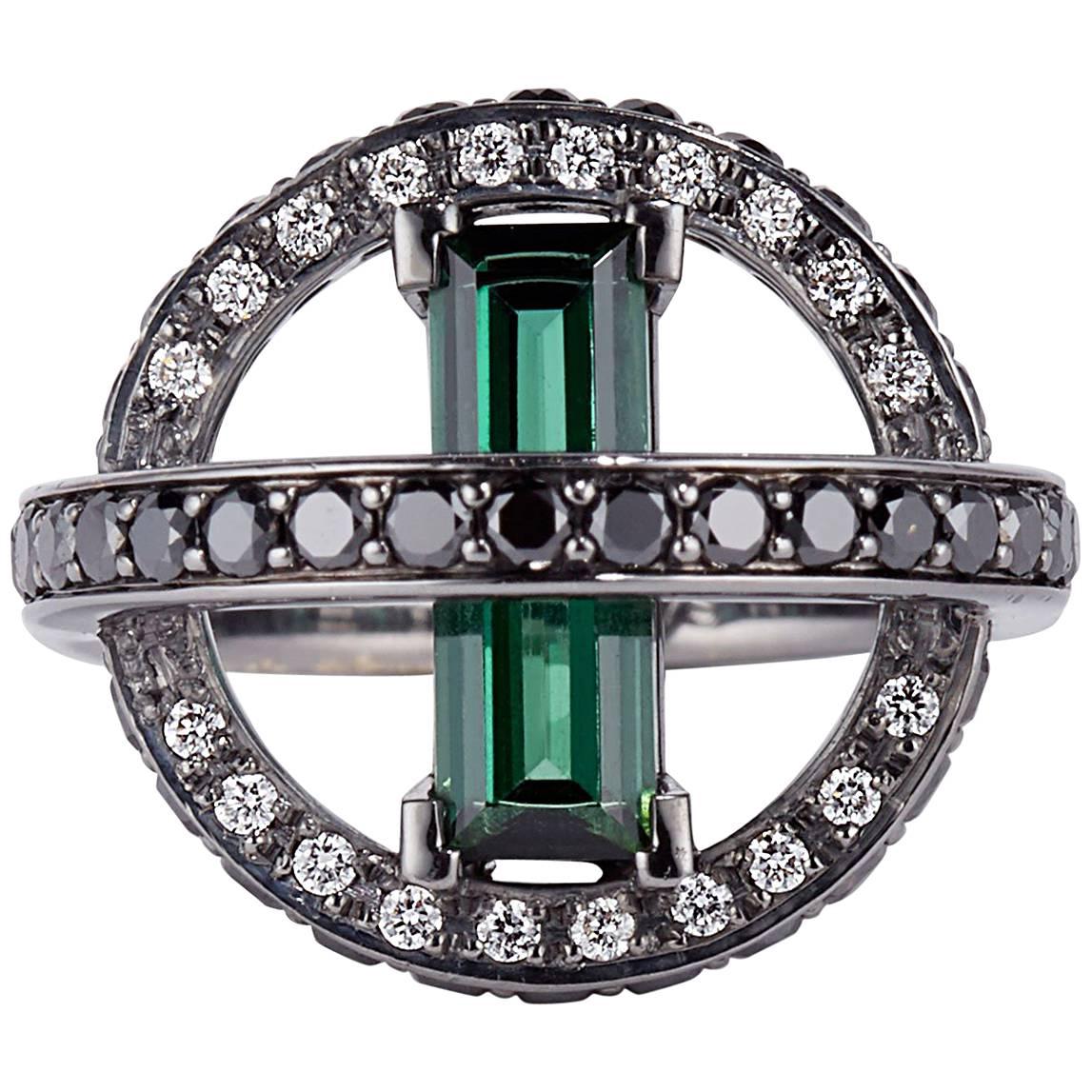 Cushla Whiting 'Orbit' Tourmaline Black White Diamond Ring For Sale