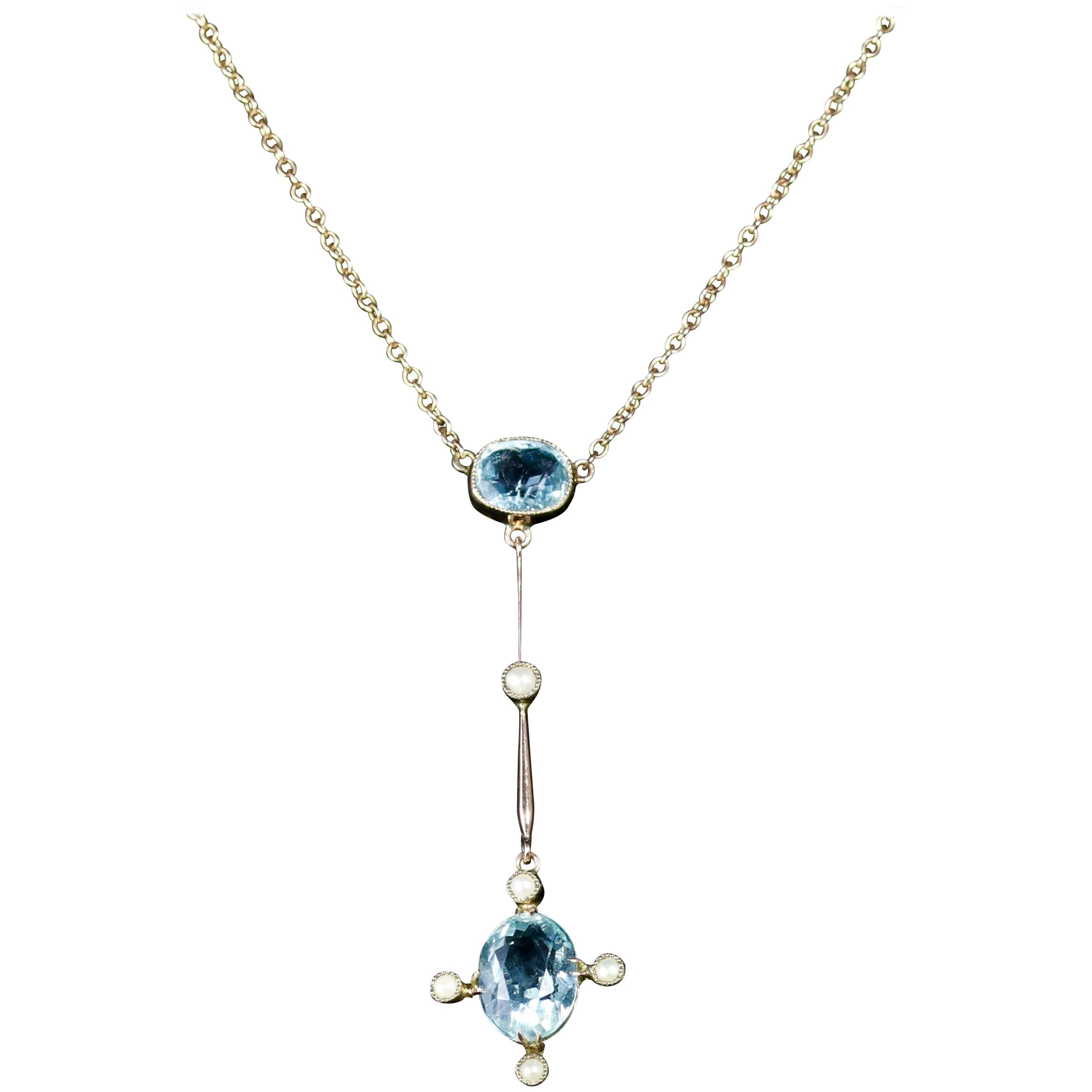 Antique Edwardian Aquamarine Pearl Necklace