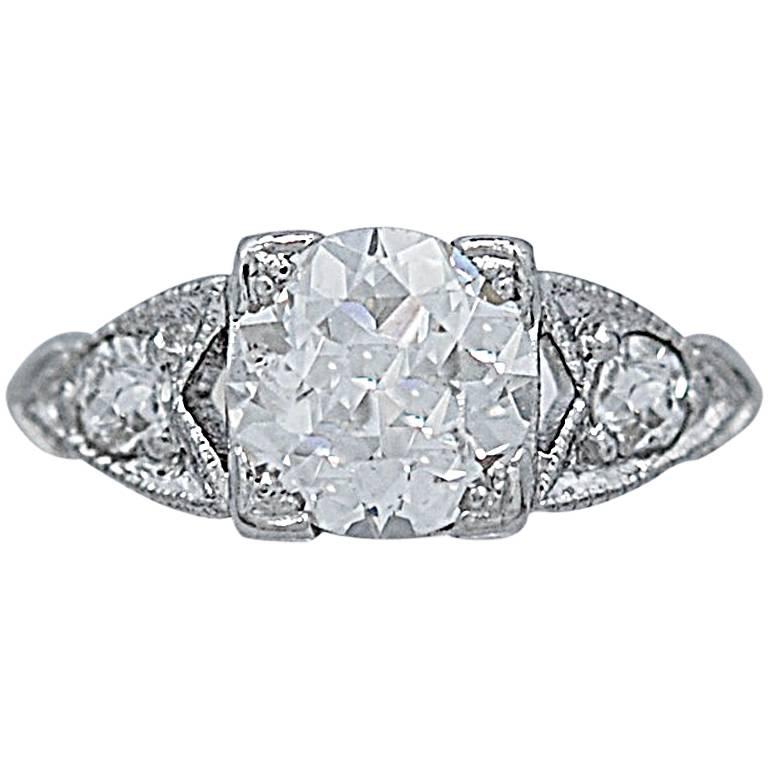 Art Deco .92 Carat Diamond Platinum Engagement Ring For Sale
