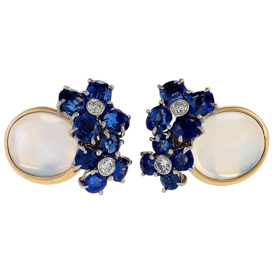 1950-1960's Moonstone Diamond Sapphire and Gold Earrings