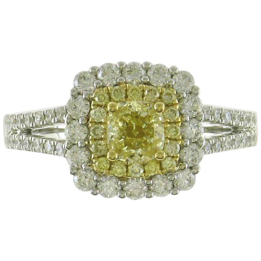 Yellow Diamond Double Halo Cocktail Ring in White Gold For Sale