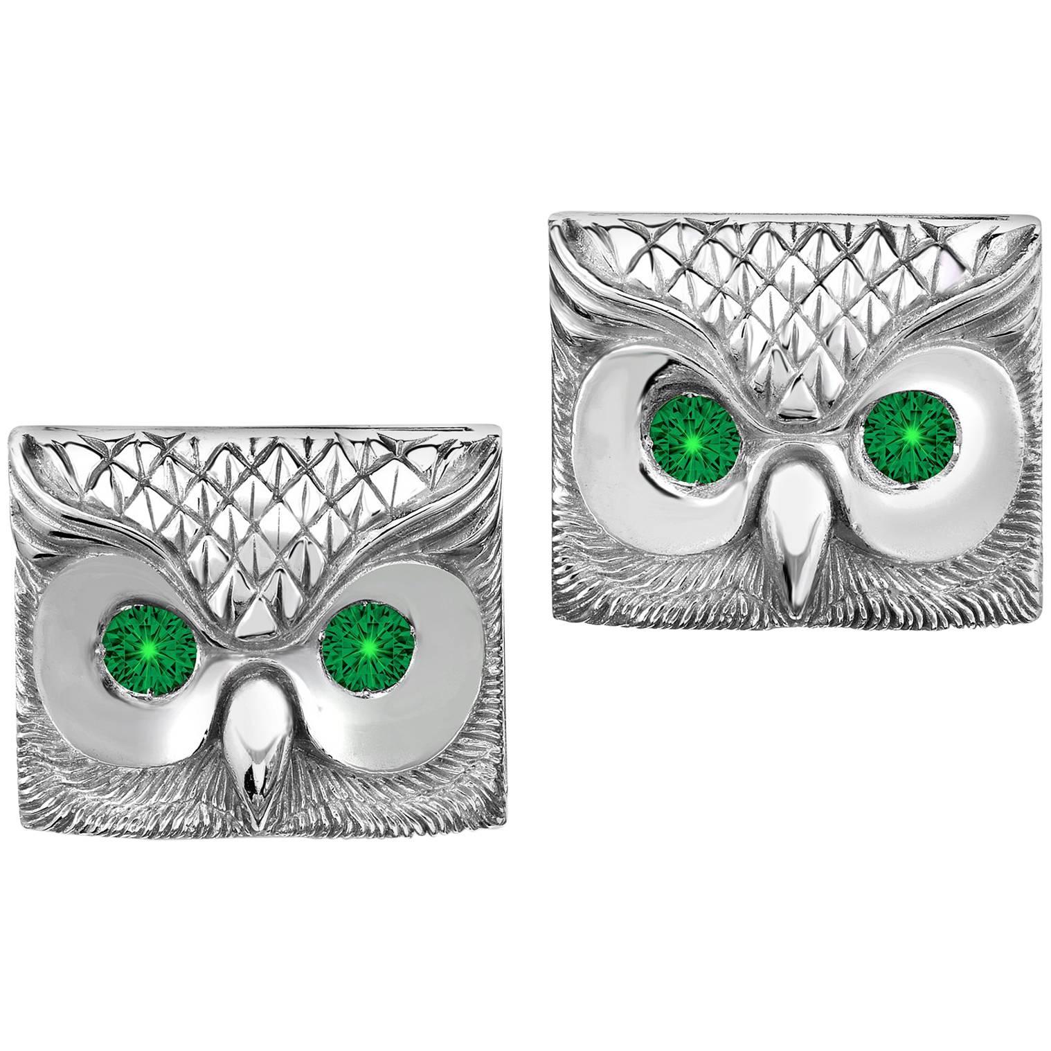 Marisa Perry's Emerald Owl Cufflinks in Sterling Silver Custom Order For Sale