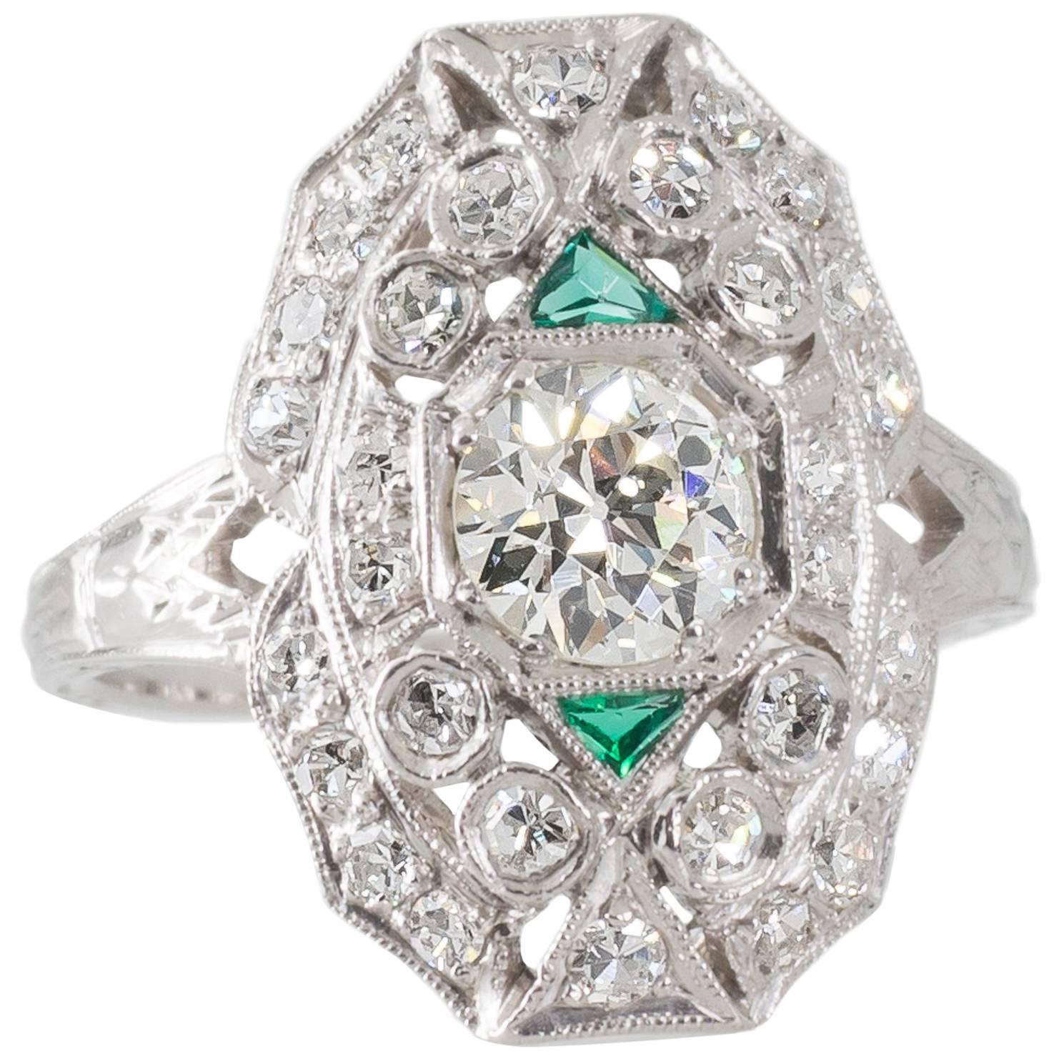 Original Art Deco Emerald Diamond  Platinum Plaque Ring