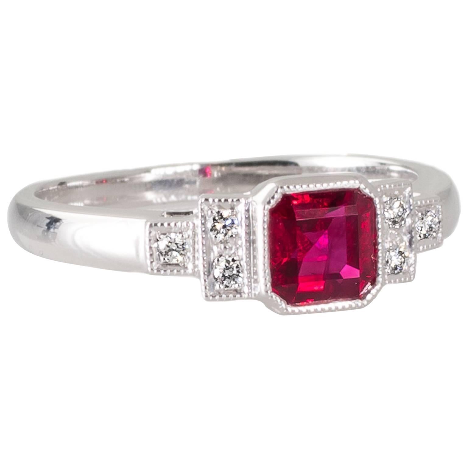 Square Cut Ruby and Diamond Ring For Sale