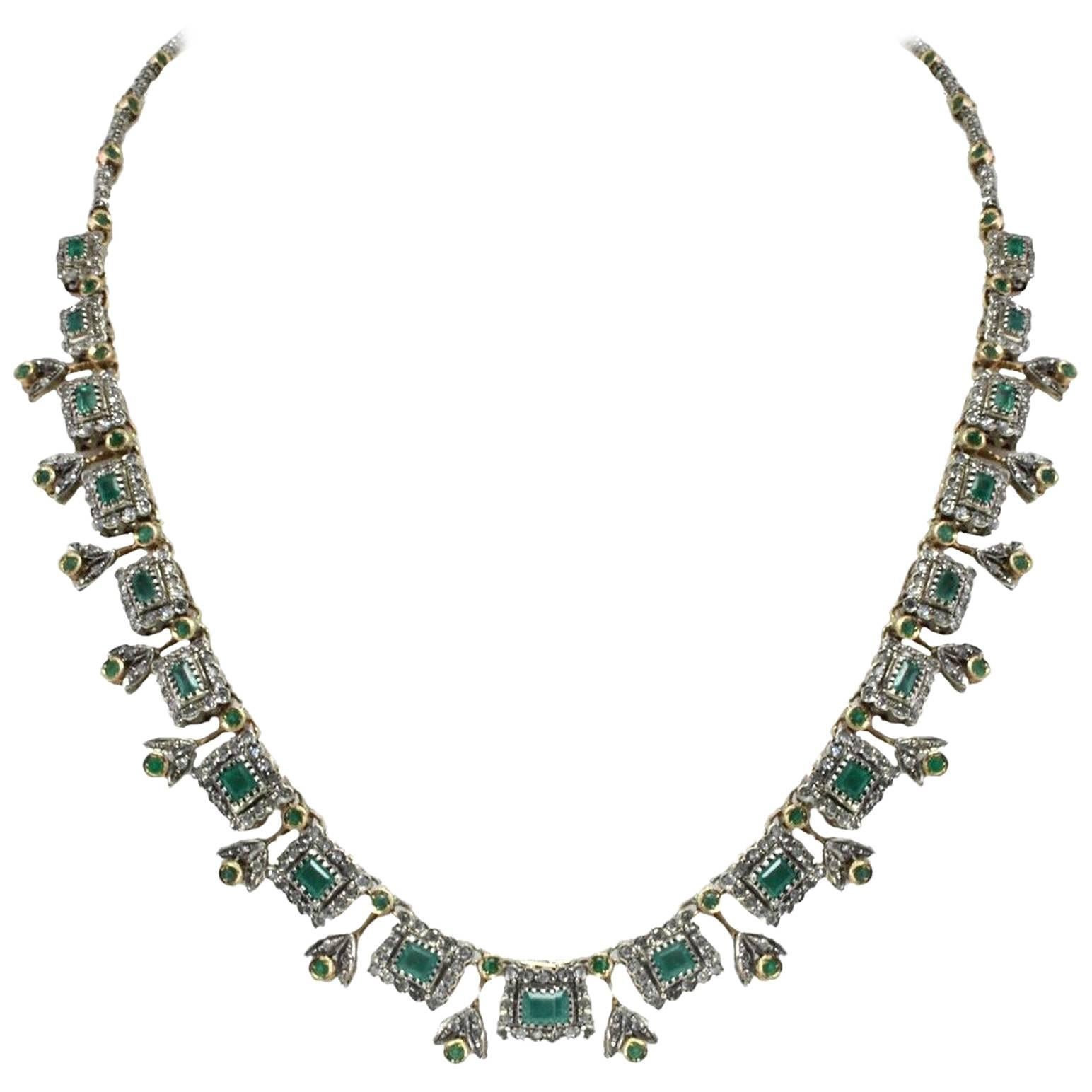 Luise Old Cut Emerald Diamond Silver Gold Necklace